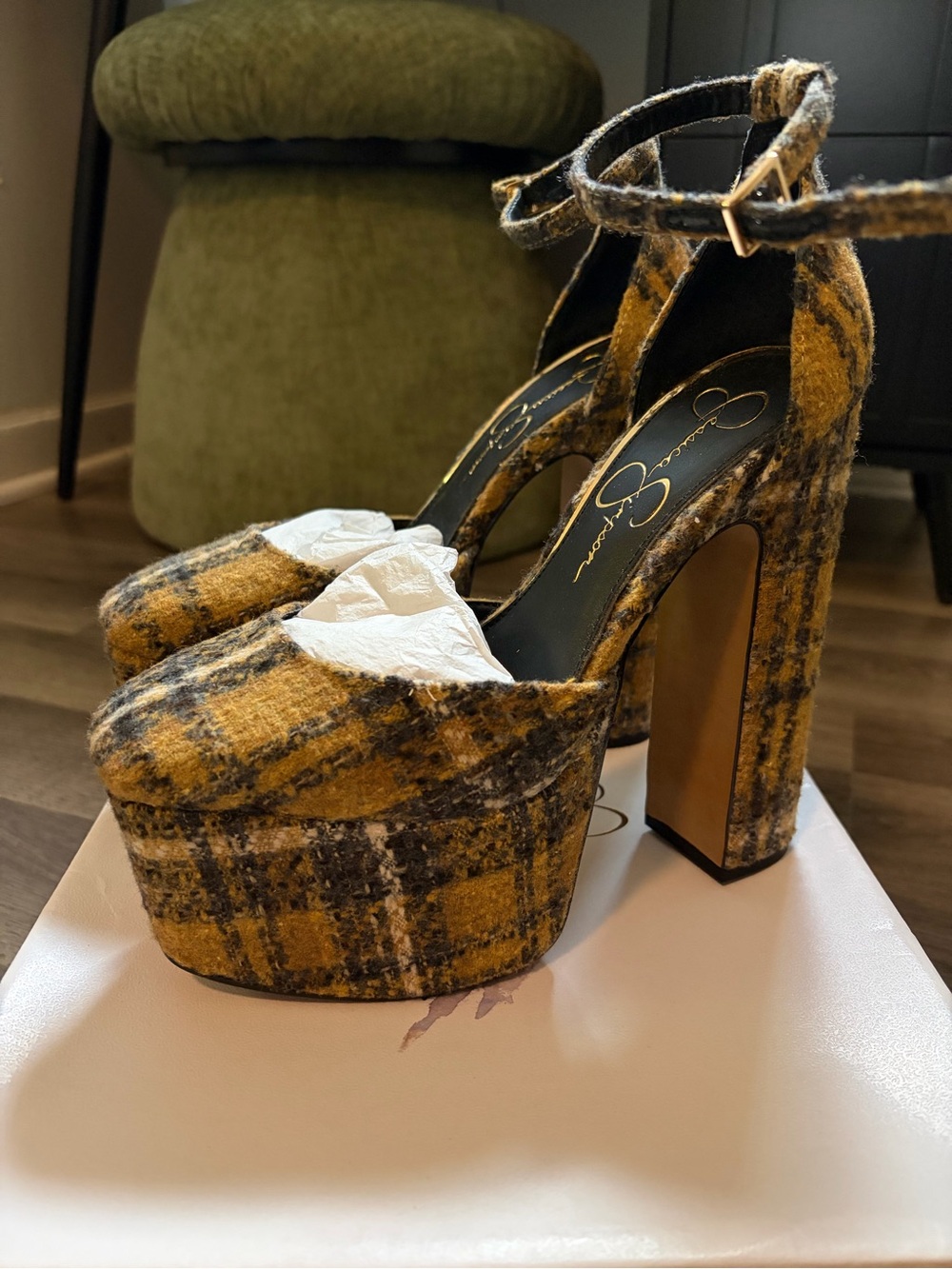 Plaid Mustard Platform Heels